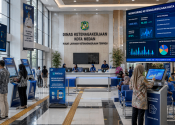 Dashboard interaktif Sistem Perizinan Ketenagakerjaan Medan yang menampilkan sistem pemantauan data pekerja real-time untuk mendukung efisiensi tenaga kerja kota Medan.
