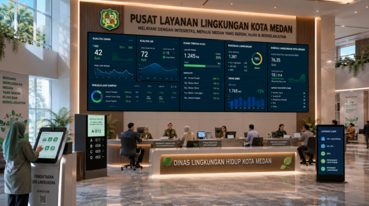 Dashboard interaktif Sistem Perizinan Lingkungan Medan yang menampilkan sistem pemantauan data dampak real-time untuk mendukung efisiensi lingkungan kota Medan.