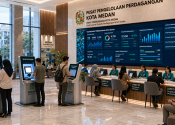 Dashboard interaktif Sistem Perizinan Perdagangan Medan yang menampilkan sistem pemantauan data niaga real-time untuk mendukung efisiensi perdagangan kota Medan.