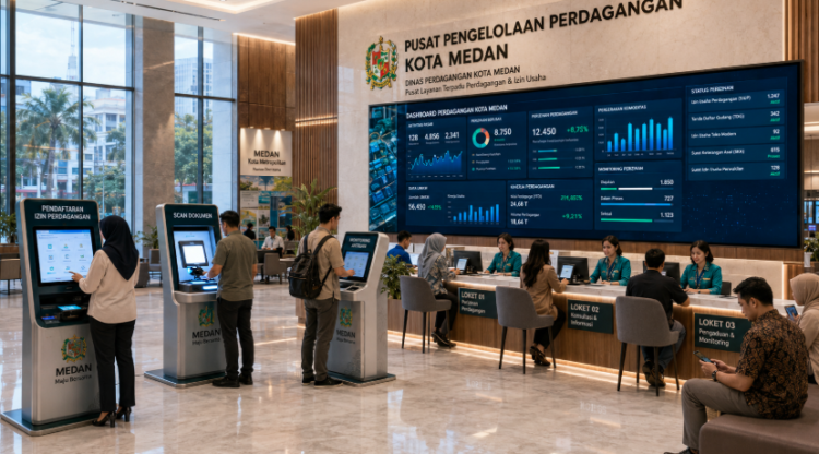 Dashboard interaktif Sistem Perizinan Perdagangan Medan yang menampilkan sistem pemantauan data niaga real-time untuk mendukung efisiensi perdagangan kota Medan.