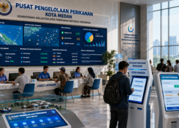 Dashboard interaktif Sistem Perizinan Perikanan Medan yang menampilkan sistem pemantauan data nelayan real-time untuk mendukung efisiensi kelautan kota Medan.