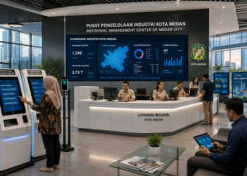 Dashboard interaktif Sistem Perizinan Perindustrian Medan yang menampilkan sistem pemantauan data manufaktur real-time untuk mendukung efisiensi industri kota Medan.