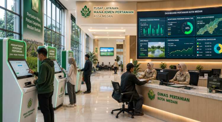 Dashboard interaktif Sistem Perizinan Pertanian Medan yang menampilkan sistem pemantauan data tani real-time untuk mendukung efisiensi ketahanan pangan kota Medan.