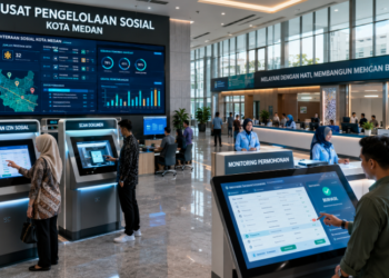 Dashboard interaktif Sistem Perizinan Sosial Medan yang menampilkan sistem pemantauan data bantuan real-time untuk mendukung efisiensi kesejahteraan kota Medan.