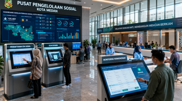 Dashboard interaktif Sistem Perizinan Sosial Medan yang menampilkan sistem pemantauan data bantuan real-time untuk mendukung efisiensi kesejahteraan kota Medan.