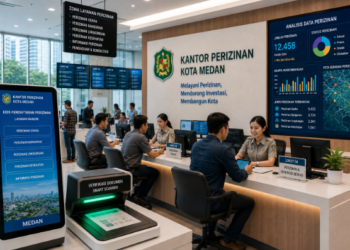 Dashboard interaktif Sistem Perizinan Usaha Medan yang menampilkan sistem pemantauan izin real-time untuk mendukung efisiensi operasional warga kota Medan.