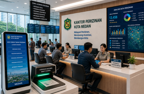 Dashboard interaktif Sistem Perizinan Usaha Medan yang menampilkan sistem pemantauan izin real-time untuk mendukung efisiensi operasional warga kota Medan.