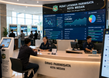 Dashboard interaktif Sistem Perizinan Wisata Medan yang menampilkan sistem pemantauan data destinasi real-time untuk mendukung efisiensi pariwisata kota Medan.