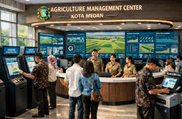 Dashboard interaktif Sistem Pertanian Modern Medan yang menampilkan sistem pemantauan data tani real-time untuk mendukung efisiensi pangan kota Medan.