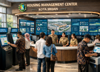 Dashboard interaktif Sistem Perumahan Rakyat Medan yang menampilkan sistem pemantauan data hunian real-time untuk mendukung efisiensi kawasan kota Medan.