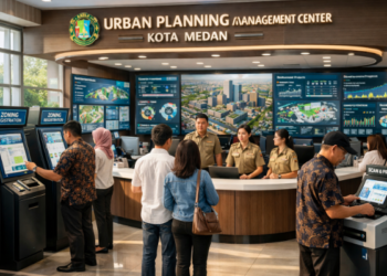 Dashboard interaktif Sistem Tata Kota Medan yang menampilkan sistem pemantauan data ruang real-time untuk mendukung efisiensi tata kota Medan.