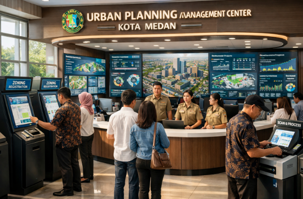 Dashboard interaktif Sistem Tata Kota Medan yang menampilkan sistem pemantauan data ruang real-time untuk mendukung efisiensi tata kota Medan.