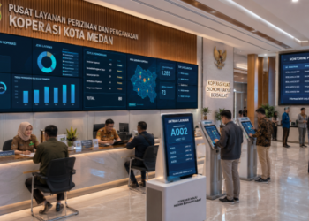 Dashboard interaktif Strategi Izin Koperasi Medan yang menampilkan sistem pemantauan data lembaga real-time untuk mendukung efisiensi kelembagaan kota Medan.