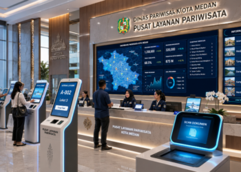 Dashboard interaktif Strategi Izin Pariwisata Medan yang menampilkan sistem pemantauan data destinasi real-time untuk mendukung efisiensi wisata kota Medan.