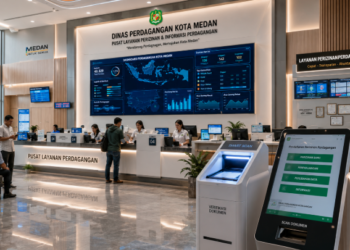 Dashboard interaktif Strategi Izin Perdagangan Medan yang menampilkan sistem pemantauan data distribusi real-time untuk mendukung efisiensi pasar kota Medan.