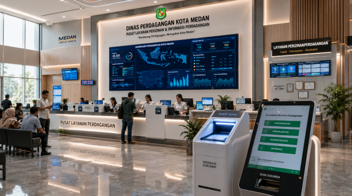 Dashboard interaktif Strategi Izin Perdagangan Medan yang menampilkan sistem pemantauan data distribusi real-time untuk mendukung efisiensi pasar kota Medan.
