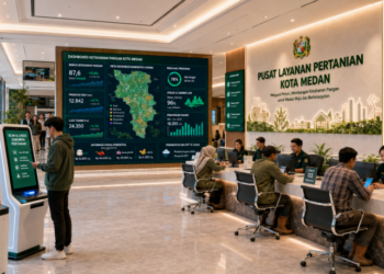 Dashboard interaktif Strategi Izin Pertanian Medan yang menampilkan sistem pemantauan data ketahanan pangan real-time untuk mendukung efisiensi pertanian kota Medan.