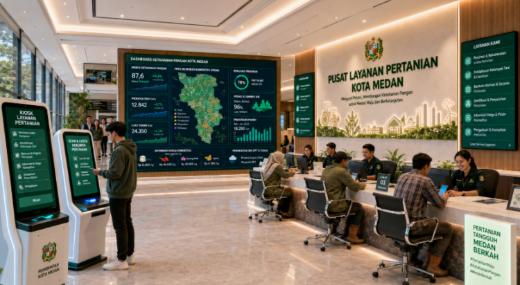 Dashboard interaktif Strategi Izin Pertanian Medan yang menampilkan sistem pemantauan data ketahanan pangan real-time untuk mendukung efisiensi pertanian kota Medan.