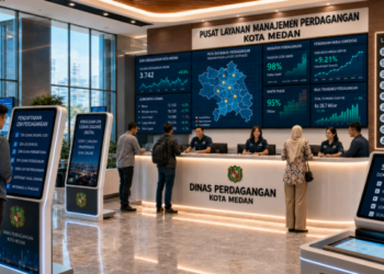 Dashboard interaktif Surat Izin Pasar Medan yang menampilkan sistem pemantauan data transaksi real-time untuk mendukung efisiensi pasar kota Medan