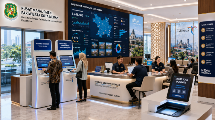 Dashboard interaktif Surat Izin Wisata Medan yang menampilkan sistem pemantauan data destinasi real-time untuk mendukung efisiensi wisata kota Medan