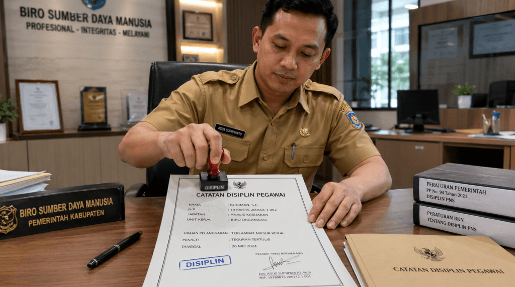 Foto dokumen rekam jejak kedisiplinan resmi yang dibubuhi stempel pengesahan oleh petugas sumber daya manusia di atas meja kerja,