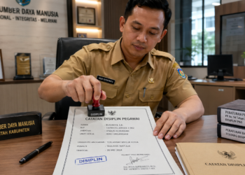 Foto dokumen rekam jejak kedisiplinan resmi yang dibubuhi stempel pengesahan oleh petugas sumber daya manusia di atas meja kerja,