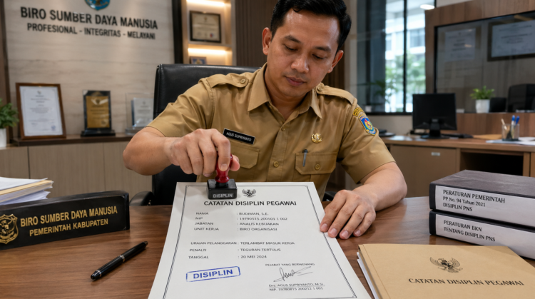 Foto dokumen rekam jejak kedisiplinan resmi yang dibubuhi stempel pengesahan oleh petugas sumber daya manusia di atas meja kerja,