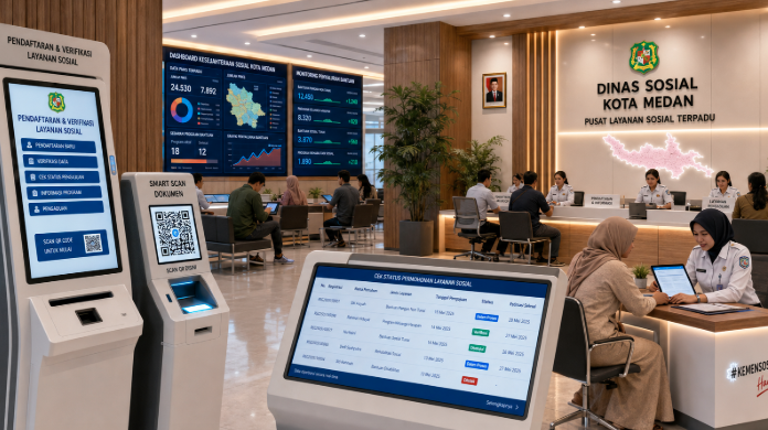 Dashboard interaktif Tata Cara Izin Sosial yang menampilkan sistem pemantauan data bantuan real-time untuk mendukung efisiensi kesejahteraan kota Medan.