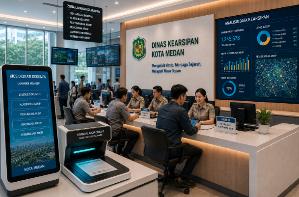 Dashboard interaktif Tata Kelola Arsip Medan yang menampilkan sistem pemantauan dokumen real-time untuk mendukung efisiensi kearsipan warga kota Medan.