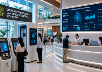Dashboard interaktif Transformasi Data Kependudukan Medan yang menampilkan sistem pemantauan data warga real-time untuk mendukung efisiensi kependudukan kota Medan.