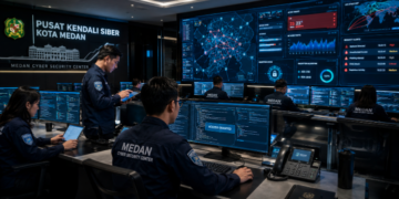 Dashboard pusat komando Transformasi Keamanan Siber Medan yang memantau enkripsi data untuk menjamin keamanan sistem layanan publik di kota Medan.