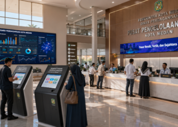 Dashboard interaktif Transformasi Pasar Modern Medan yang menampilkan sistem pemantauan data niaga real-time untuk mendukung efisiensi perdagangan kota Medan.