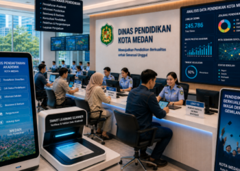 Dashboard interaktif Transformasi Pendidikan Medan yang menampilkan sistem pemantauan data siswa real-time untuk mendukung efisiensi pendidikan kota Medan.