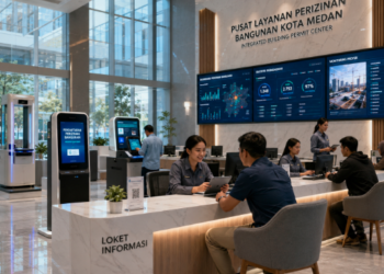 Dashboard interaktif Transformasi Perizinan Bangunan Medan yang menampilkan sistem pemantauan data konstruksi real-time untuk mendukung efisiensi tata kota Medan.
