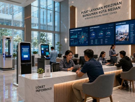 Dashboard interaktif Transformasi Perizinan Bangunan Medan yang menampilkan sistem pemantauan data konstruksi real-time untuk mendukung efisiensi tata kota Medan.