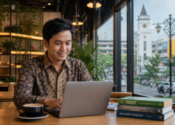 Aktivitas WFC Guru Medan yang memanfaatkan suasana kafe nyaman untuk menyusun materi pembelajaran inovatif dan menyelesaikan laporan administrasi pimpinan.