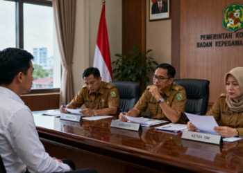 Suasana simulasi Wawancara CPNS Medan yang menunjukkan interaksi profesional antara pelamar dan tim penguji guna menilai kompetensi kepribadian pimpinan.