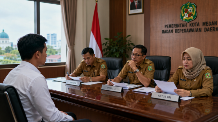 Suasana simulasi Wawancara CPNS Medan yang menunjukkan interaksi profesional antara pelamar dan tim penguji guna menilai kompetensi kepribadian pimpinan.