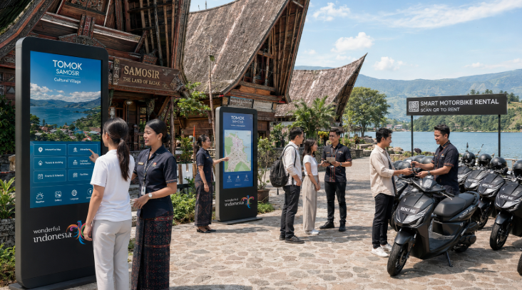 Optimalisasi fungsi Wisata Samosir melalui penyediaan sistem digitalisasi layanan sewa sepeda motor guna meningkatkan kemudahan mobilitas pelancong di lingkungan pemerintah wilayah pimpinan.