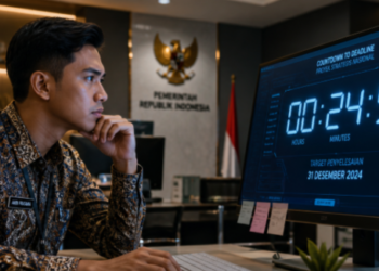 Foto hitung mundur digital yang menyala pada layar komputer berteknologi tinggi di dalam ruang kantor pemerintah modern,