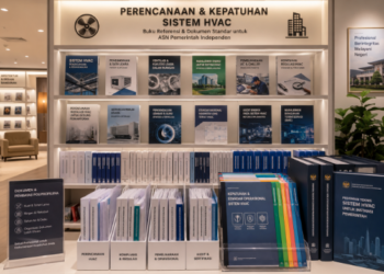Jajaran tempat buku panduan AC rumah ASN Pemkot Medan Sejuk bahan premium untuk usaha pembuatan rencana clearance HVAC pegawai dan alat pusat instrumen clearance HVAC Medan heavy duty minimalis berbagai folder lembar jaminan yang tersusun sangat rapi di dalam etalase toko perlengkapan kantor