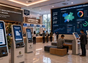 Dashboard interaktif Administrasi Kependudukan Medan yang menampilkan sistem pemantauan data identitas real-time untuk mendukung efisiensi kependudukan kota Medan