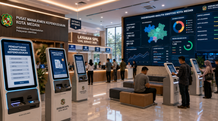 Dashboard interaktif Administrasi Kependudukan Medan yang menampilkan sistem pemantauan data identitas real-time untuk mendukung efisiensi kependudukan kota Medan