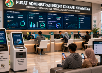 Dashboard interaktif Administrasi Koperasi Simpan Medan yang menampilkan sistem pemantauan data ekonomi real-time untuk mendukung efisiensi koperasi kota Medan