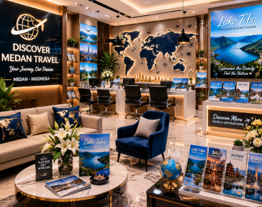 Suasana dalam ruangan kantor agen travel modern yang menampilkan brosur liburan dan peta dunia di salah satu agen travel di Medan