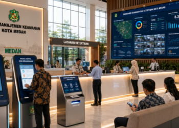 Dashboard interaktif Akses Digital Izin Keamanan yang menampilkan sistem pemantauan data ketertiban real-time untuk mendukung efisiensi keamanan kota Medan