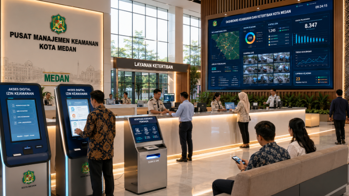 Dashboard interaktif Akses Digital Izin Keamanan yang menampilkan sistem pemantauan data ketertiban real-time untuk mendukung efisiensi keamanan kota Medan