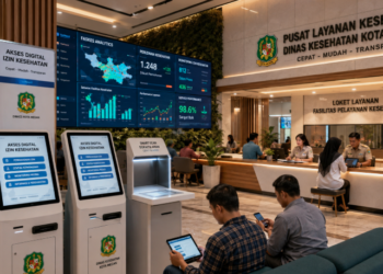 Dashboard interaktif Akses Digital Izin Kesehatan yang menampilkan sistem pemantauan data faskes real-time untuk mendukung efisiensi kesehatan kota Medan