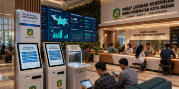 Dashboard interaktif Akses Digital Izin Kesehatan yang menampilkan sistem pemantauan data faskes real-time untuk mendukung efisiensi kesehatan kota Medan
