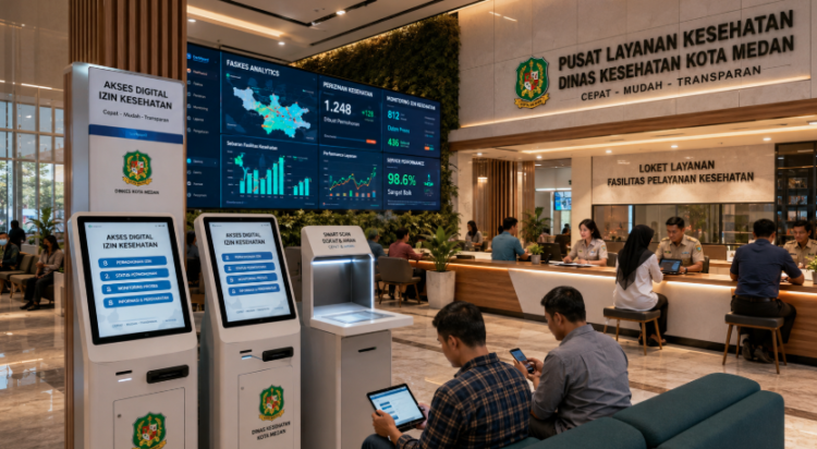 Dashboard interaktif Akses Digital Izin Kesehatan yang menampilkan sistem pemantauan data faskes real-time untuk mendukung efisiensi kesehatan kota Medan